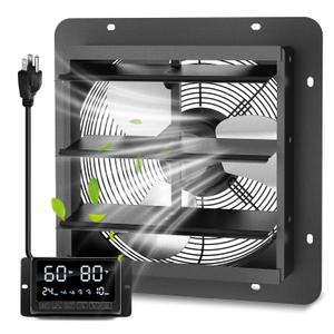 14" Wall Mounted Shutter Exhaust Fan with Thermostat - Temperature Humidity Controller, EC Motor, Aluminum Auto Shutter Ventilation Fan, Attic Vent Fan, Coops, Greenhouse, Barn, Shed Ventilator