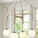 Farmhouse Antique White Wood Chandelier, 4-Lights Rustic Dining Room Light Fixture Kitchen Island Lighting, Vintage Milk Glass Globe Pendant Chandelier Hanging for Living Room Entryway