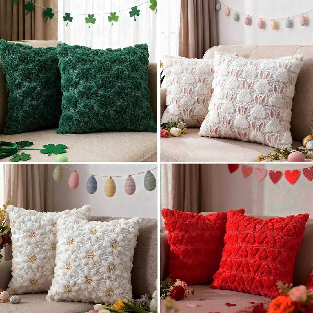 Tudomro 8 Set Valentine St Patricks Easter Spring Embroidered Throw Pillow Covers 18x18 Inch Seasonal Holiday Pillowcases Soft Shamrock Plush Faux Fur Heart Throw Pillows Covers for Home Bedroom Sofa