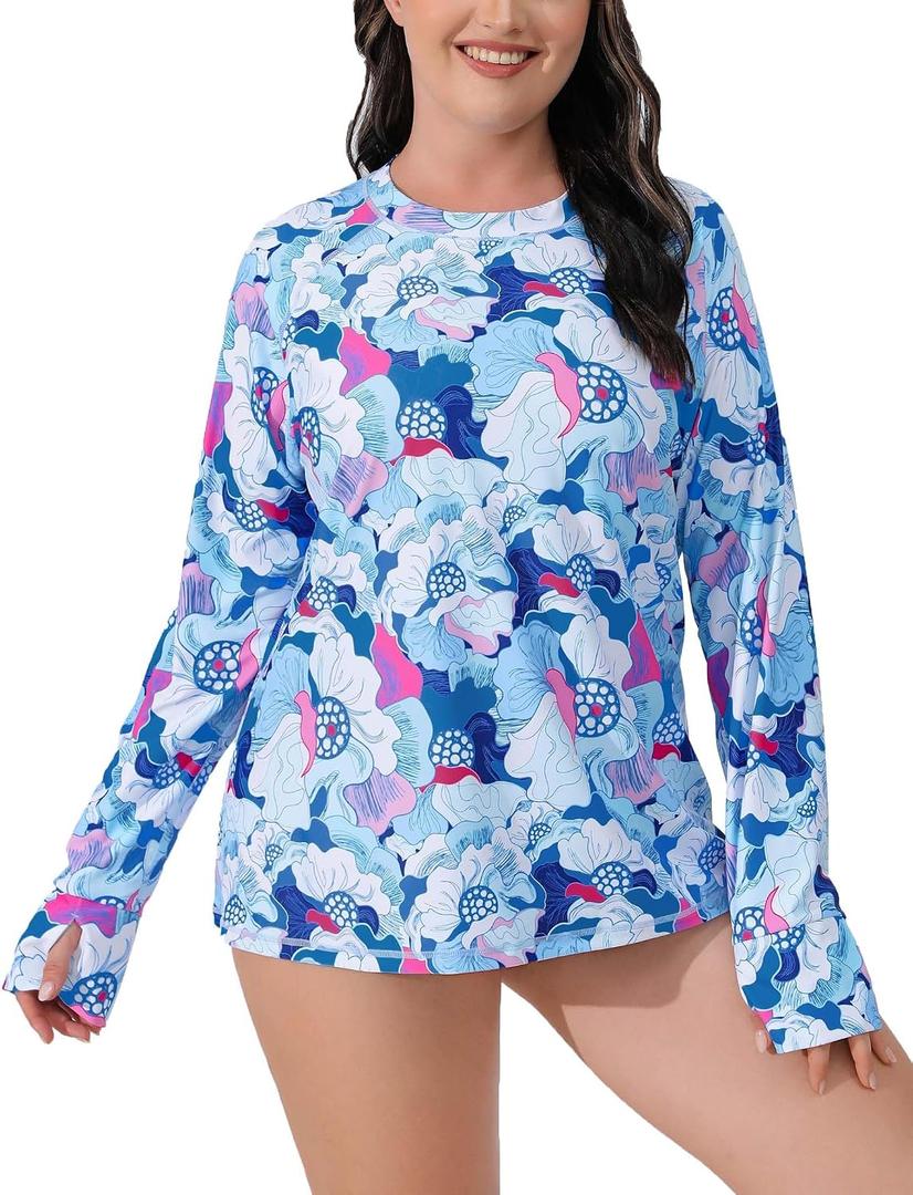 Halcurt Women's Plus Size Long Sleeve Rash Guard Swim Shirt with Thumb Holes UPF50+ Sun Protection Swimsuit Top (Blue, XXXL)