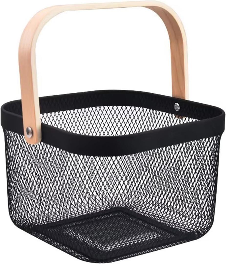Metal Mesh Wire Basket, Small Steel Basket with Wooden Handle Storage Organizer Basket Multi-functional Hanging Kitchen Baskets Fruit Baskets for Kitchen Bathroom Cabinet Pantry Snacks, Black