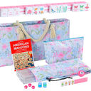 2026 American Mahjong Set Complete with Blue Carrying Bag, 160 Pink Mahjong Tiles, 4 All-in-One Transparent Mahjong Racks with Pushers, Majiang Tile Set