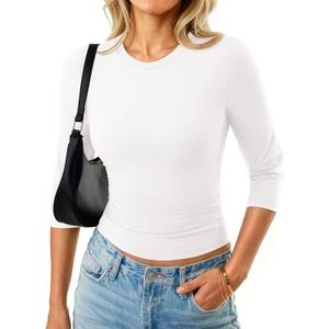 GKBK 3/4 Length Sleeve Womens Tops Crop Crewneck Fitted Layering Shirts Basic Casual Going Out Summer Tees (White, S)