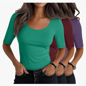 Neer 3 Pack Women's Scoop Neck Stretchy Tops Cotton Half Sleeve Slim Fitted T-Shirts Tight Casual Basic Summer Tees, Small