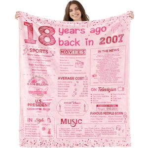 18th Birthday Gifts for Girls Happy 18th Birthday Decorations for 18 Year Old Girl Birthday Gift Ideas for Daughter Sister Bestie Soft Throw Blanket Back in 2007-60x50 Inch - Pink