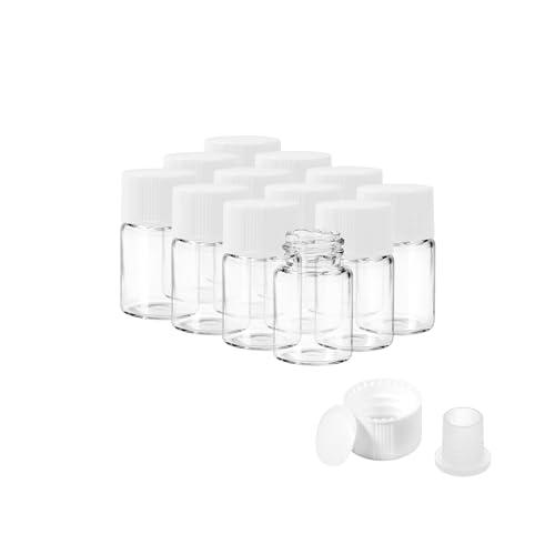 Cadbibe 2ml Clear Glass Vials with Screw Caps and Plastic Stoppers, 1/2 Dram Small Liquid Sample Vial, Leak-Proof Vial, 12PCS(White Cap)