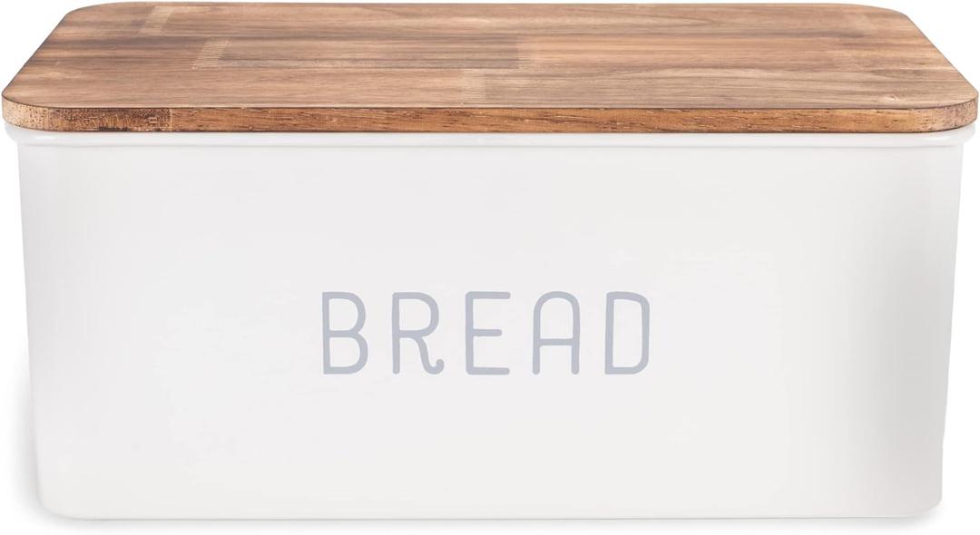 Nat & Jules Matte White 12 x 7 Metal Enamel Rubber Wood Lidded Bread Box