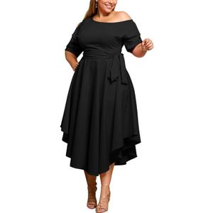 Plus Size Women Wedding Guest Dress Off Shoulder Boat Neck Irregularly Flowy Midi Church Dress, 2XL
