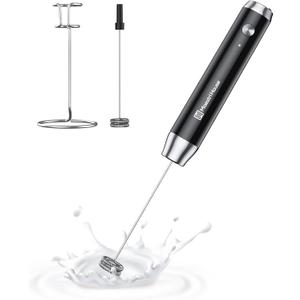Maestri House Rechargeable Milk Frother with Stand, LunaFro Handheld Electric Foam Maker Waterproof Detachable Stainless Steel Whisk Drink Mixer Foamer for Lattes, Cappuccino (Black)
