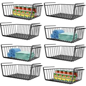8 PACK Hanging Under Shelf Storage Basket Kitchen Cabinet Organizer Storage, Slides Under Wire Shelves for Counter Pantry Desk Bookshelf,Black