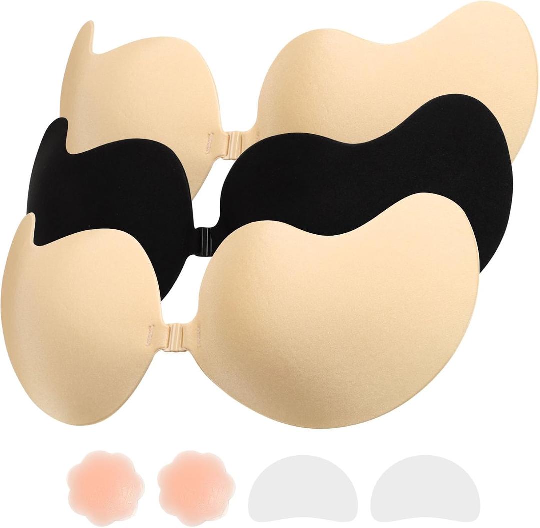 Sticky Bra Backless Backless Strapless Bra Push Up for Nipple Cover Suitable for Daily, Party, Weddings Dress wear, Pack of 3, Nude