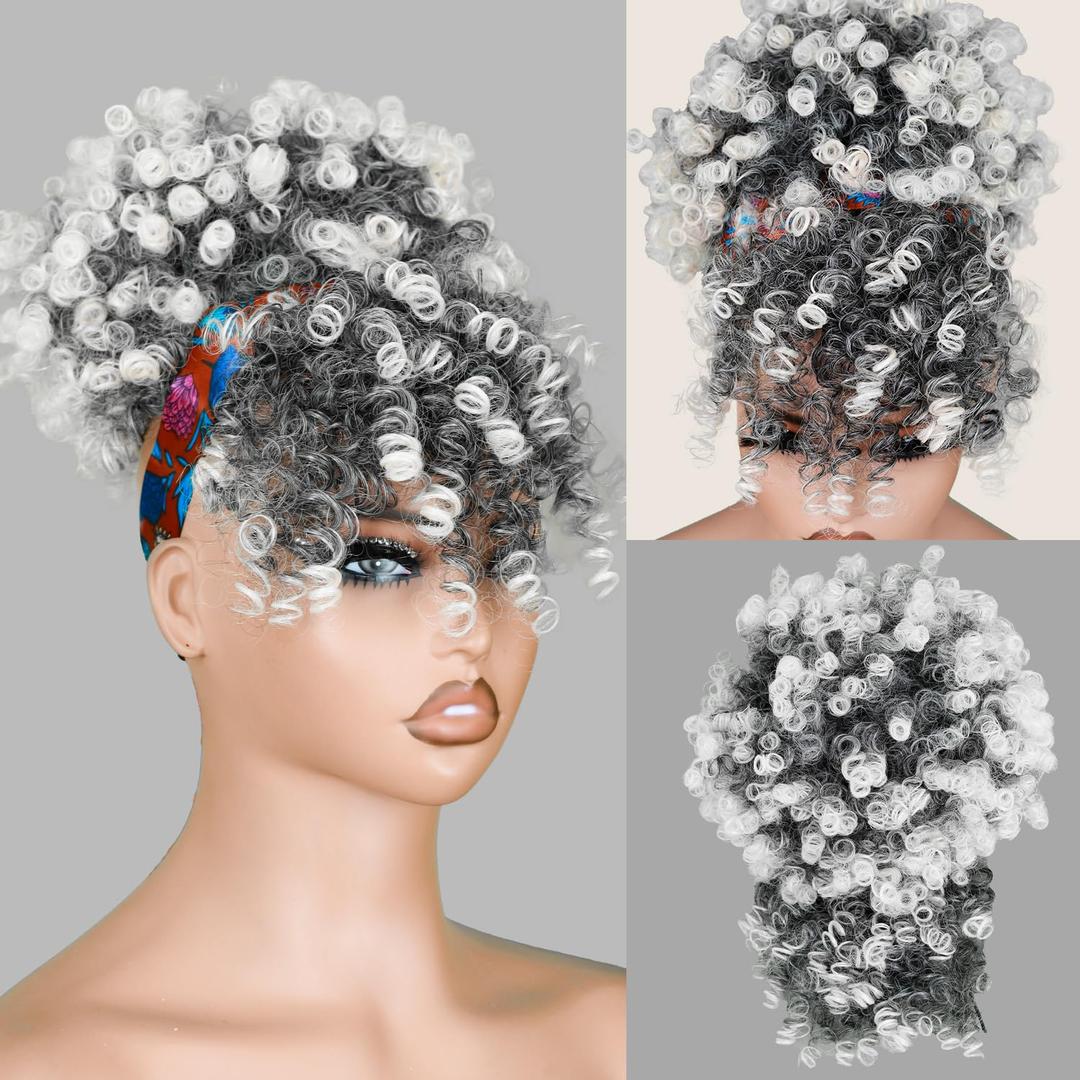 Builson Drawstring Ponytail for Black Women - Afro Puff Kinky Curly Hair Extension With Bangs Updo Natural Hair (T1B/613 Natural Black/Blonde)