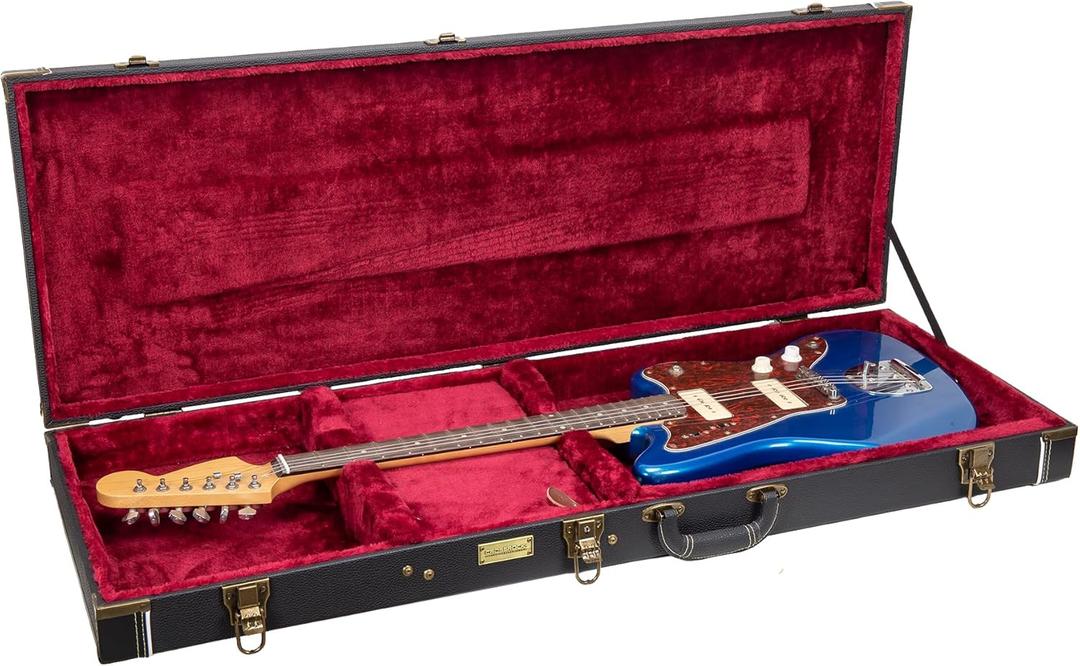 Crossrock Wooden Guitar Case -Fits Jazzmaster (Modern Style)/Jaguar Style Electric Guitars- Vintage Hardware, Sponge Lining, Metal Feet, Storage Space-Black (CRW520JMBK)