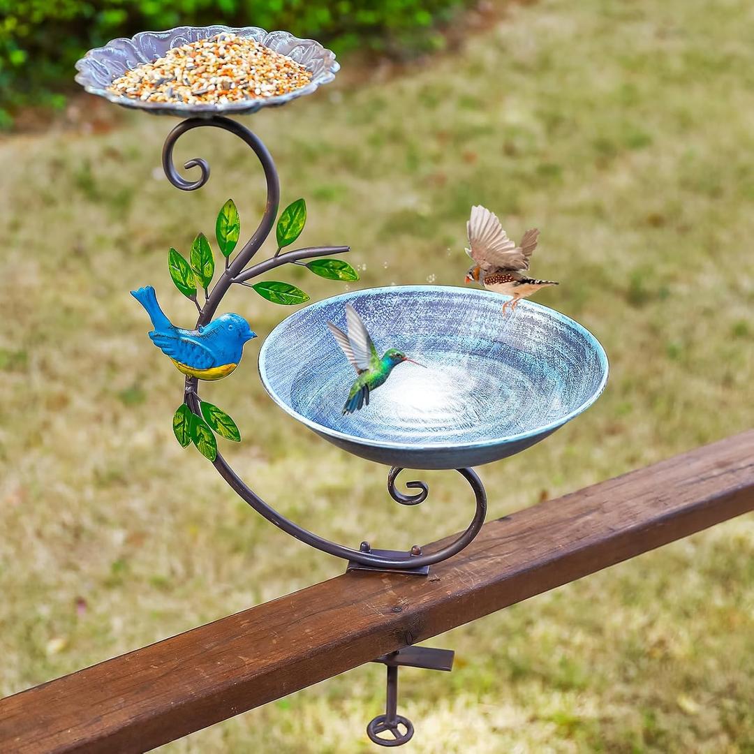 Deck Mounted Bird Feeder and Bath for Railing, Balcony 2-in-1 Outdoor Metal Birdbaths, Adjustable Heavy Duty Clamp for Porch Garden Decor Yard Lawn