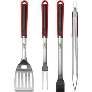 Double Two 4-Piece Stainless Steel BBQ Tool Set - Tong, Fork, Spatula, Brush - Utensils for Grill - Tools for Outdoor Grilling- BBQ Kits (red)