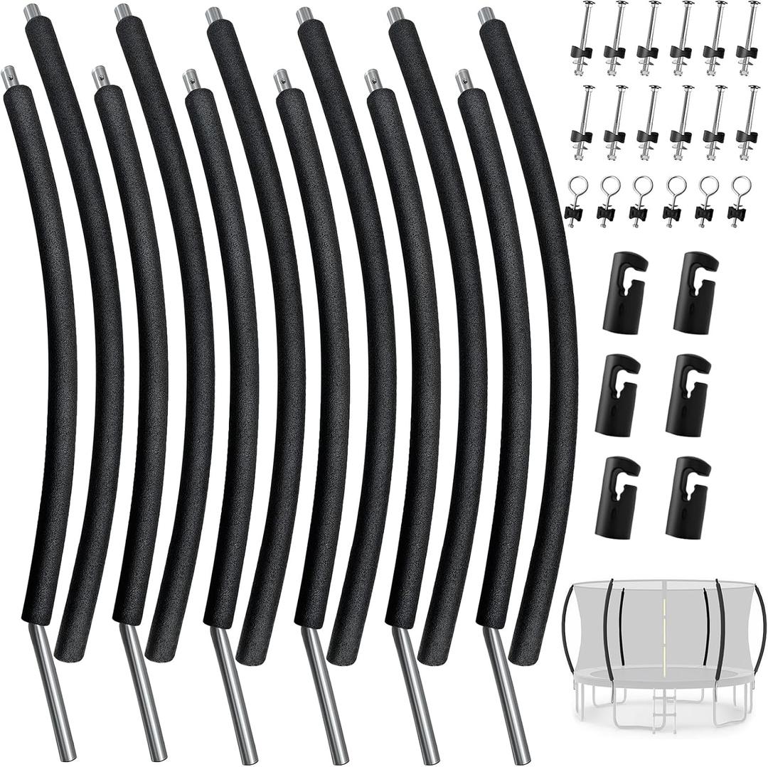 6 Pcs Trampoline Curved Poles with Plastic Tube Cap, Foam Tubes Padding, Mounting Hardware, 10-16FT(10',12',14',15',16') Pumpkin Trampoline Bent Pole Replacement Parts
