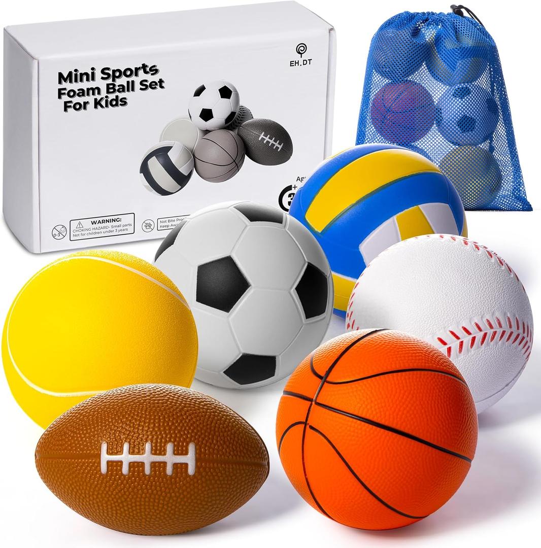Balls Toys Gift for Toddlers 3 4 5 Years Old,6 Small Sports Foam Balls for Baby with Soccer Ball,Basketball,Football,Baseball,Tennis Ball and Volleyball,Mini Soft Balls for Kids Boys Girl