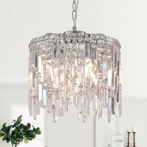 Chrome Crystal Chandelier Small Crystal Pendant Light Fixture 16" Raindrop Flush Mount Hanging Chandelier with Adjustable Chain K9 Crystals 2 Tiers for Kitchen Island Dining Room Bedroom Hallway (Round -16 inches)