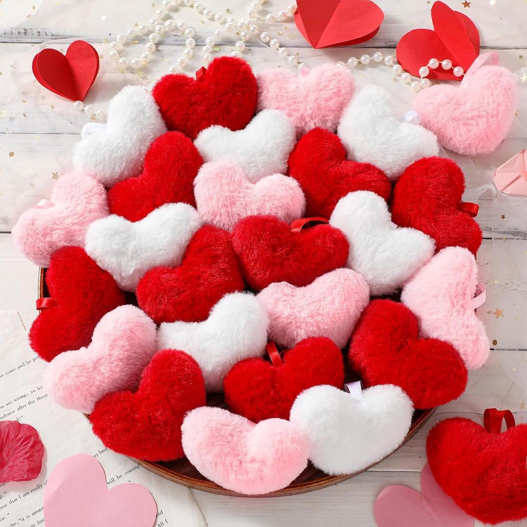 Vicenpal 12 Pcs Valentine's Day Heart Ornaments Plush Heart Tree Ornament Set Red Pink White Valentine Hanging Decorations Soft Fuzzy Hearts Decor for Tree Garland Gift Party Wedding Home Wall
