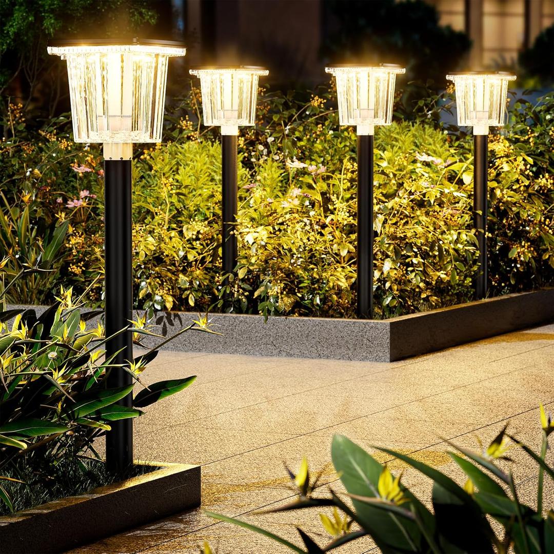 Solar Pathway Lights Outdoor IP65 Waterproof Solar Garden Lights, Bright LED Pathway Solar Light for Outside Yard Path Lawn Walkway Driveway, Two Light Modes Warm/Cool White (8), Black