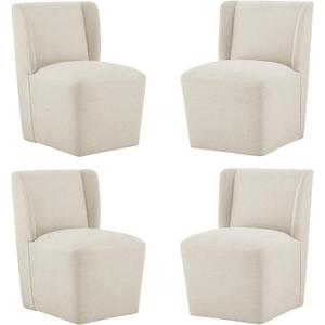 Upholstered Dining Chairs Set of 4 with Casters, Wingback Modern Side Armless Deskchair with Rollers for Diningroom Bedroom Livingroom Reading Room, Cream Beige Fabric (4 PCS (4 BOX))