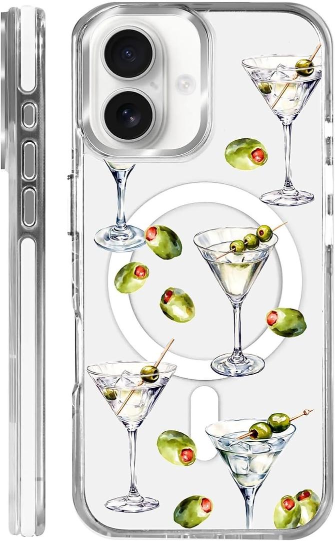 Case for iPhone 16 Plus, Compatible with Magsafe, Full Camera Protection Clear Case for Girls Women, Shockproof Protective Magnetic Cover - Martini Cocktail