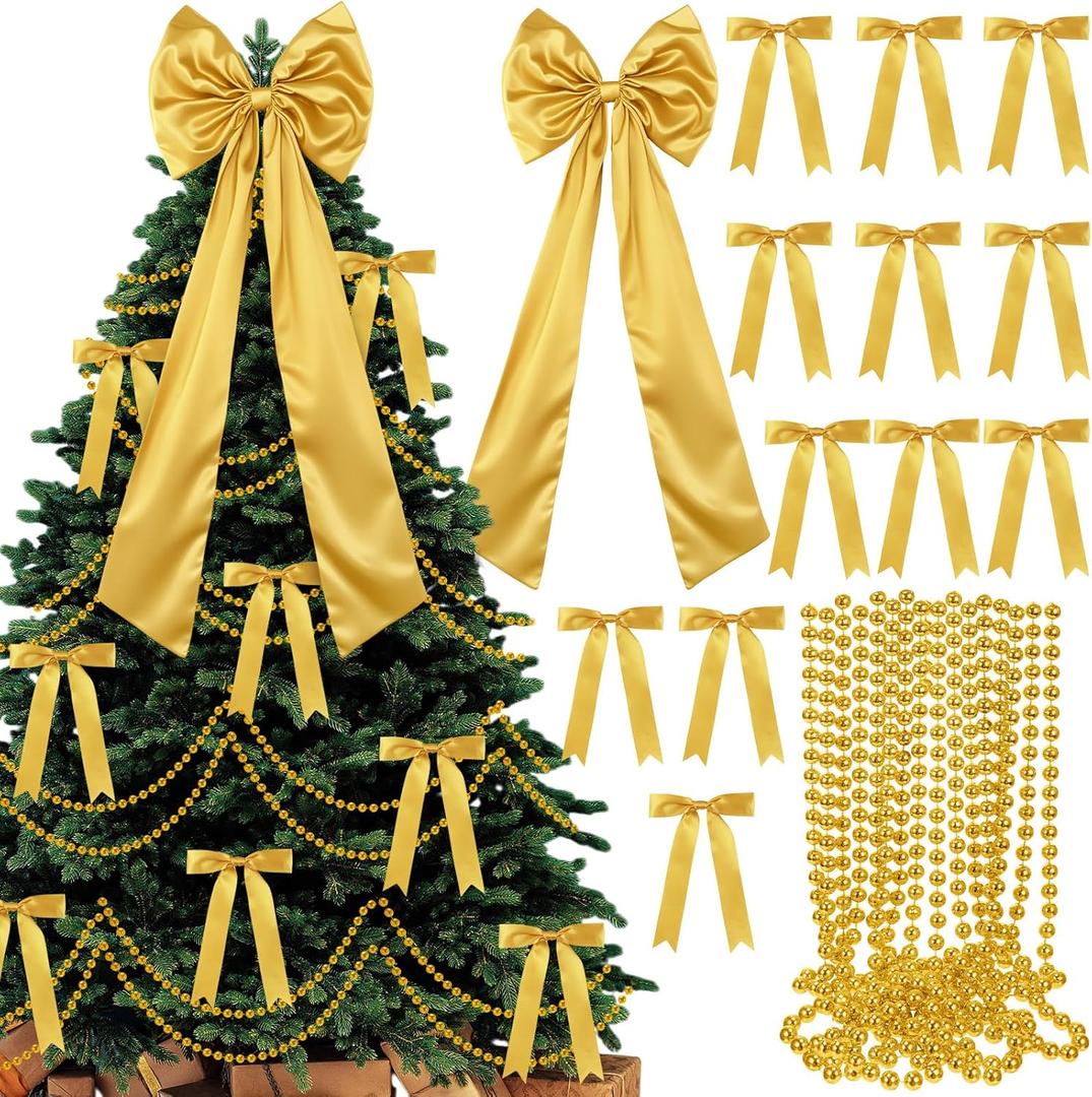 Gejoy Bow Christmas Tree Decoration Set, 30 Pcs Small Bows 1 Pcs 47" x 15.7" Large Tree Topper Satin Bows and Christmas Beads Garland Ornaments, Xmas Bead for Holiday Decor(Gold)