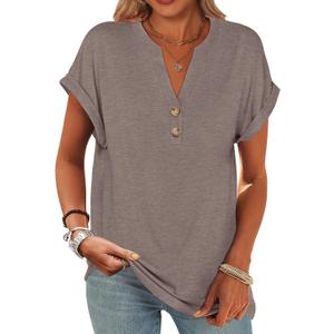 ANRABESS Womens Short Sleeve Henley Tops V Neck Dressy Casual Blouses Summer Trendy Tee Shirts 2026 Vacation Fashion Clothes (Brown, XXL)