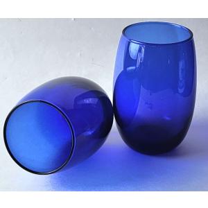 Stemless Drinkware Set of 2 Cobalt Blue Hand Blown Wine Glasses, 16oz.