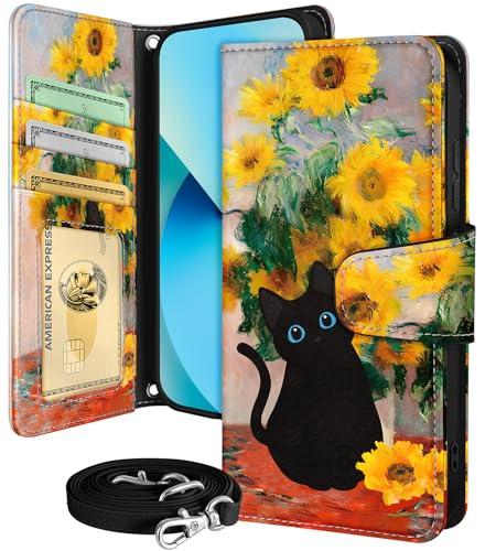 Buleens for Samsung Galaxy S23 Plus Wallet Case for Women - with Card Holder S23 Plus Flip Case Leather Crossbody Cute Aesthetic Galaxy S23+ Case with Strap Kickstand for Girls Girly, Cat Sunflower