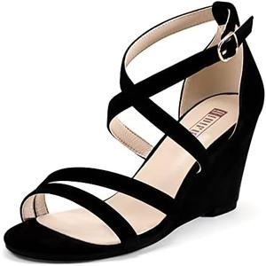 IDIFU Women's 3 Inch Strappy Wedge Sandals Open Toe Dressy Wedges For Women Black Nude Silver White Bridal Wedge Heels On Wedding Evening Summer Size 7