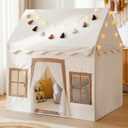 Little Dove Kids Play Tent with Mat, Kids Playhouse with 2 Windows, Star Lights & Tassel Garland, Indoor Outdoor Reading Nook, Machine Washable Cover, Gifts for Girls & Boys, 42" 27" 38", Beige