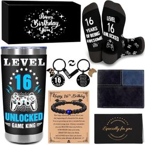 16 Year Old Boy Gifts, 16th Birthday Gifts for Boys, 16 Birthday Decorations Boy, Cool Sixteen Gamer Gifts with 20 Oz Tumbler Socks Wallet Bracelet Keychain for Son, Nephew, Grandson, Brother
