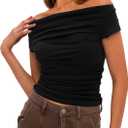 Darong Women's Summer Cap Sleeve Boat Neck Off Shoulder Top Going Out Slim Fit Tops Y2K Tight Shirts (Black, XS)