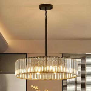 Modern Crystal Black Chandelier for Dining Room,19.7 inch Semi Flush Mount Ceiling Dining Room Light Fixture with E12 Base*6,Round Pendant Lighting for Bedroom Hallway Bathroom Foyer Kitchen, W 19.7'' x H 4.8'' 6-Light