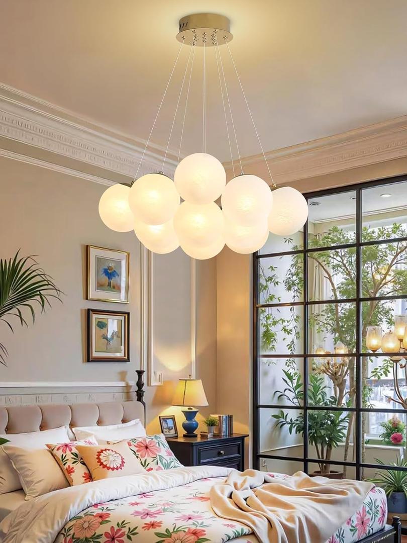 Modern Bubble Chandelier Lighting 13-Light Mid-Century White Glass Globe Chandeliers Cluster Pendant Light Gold Finish Hanging Lamp for Bedroom Living Room