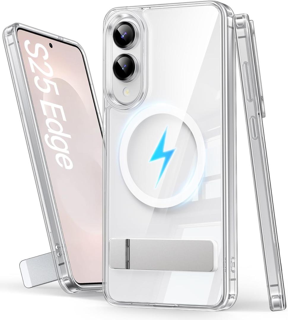 Magnetic for Samsung Galaxy S25 Edge Case, Built-in Kickstand [Non-Yellowing] [Compatible with MagSafe] Shockproof Full Body Protective Cover Transparent Phone Case for Galaxy S25 Edge, Clear