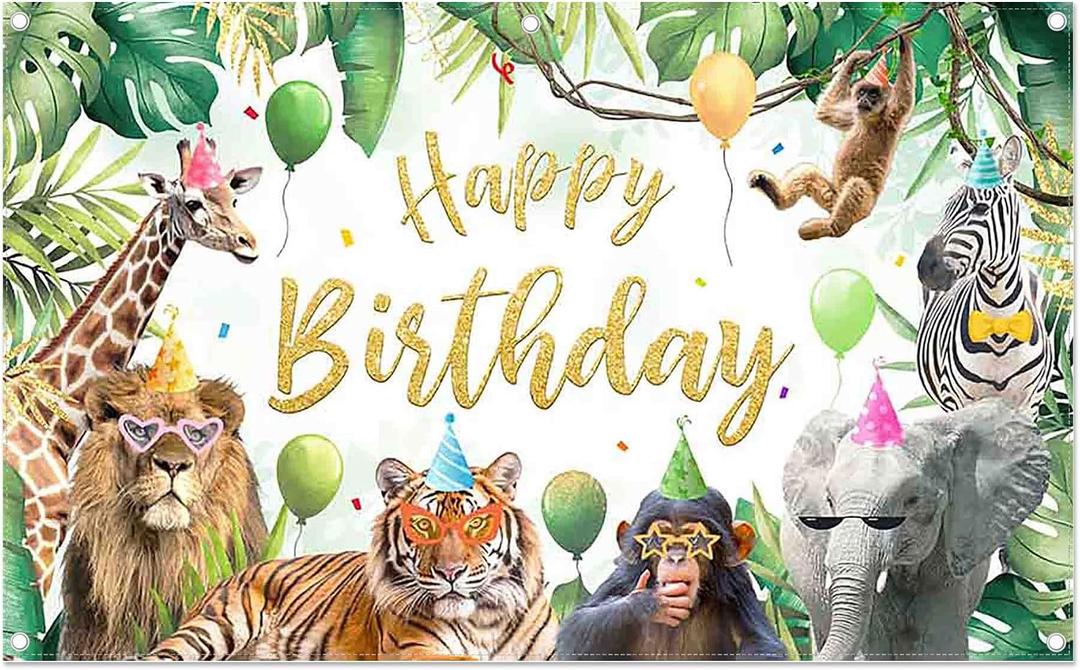 Fabric 96x60inch Jungle Animals Photography Backdrop Happy Birthday Safari Tropical Forest Zoo Background Kids Party Decoration Wildlife Photo Banner Booth