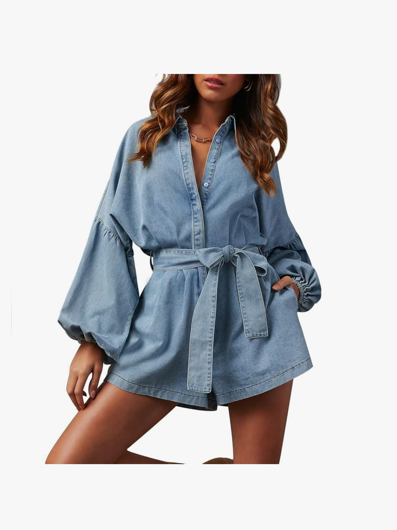 Lantern Long Sleeve Denim Romper for Women Elastic Waist Tie Front Short Jean Jumpsuit without Pocket, size -M
