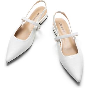 C.Paravano Women's Slingback Flats & Heels - Pointed Toe, Ankle Strap, Comfortable Leather Dress Shoes (9, White Flats)