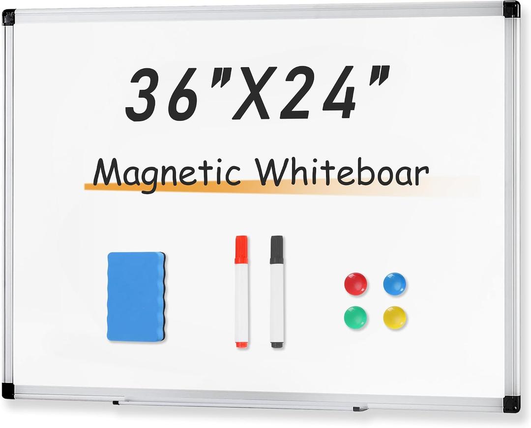 White Board, 36" x 24" Dry Erase Board for Wall, Small Whiteboard with Frame Magnet Board for Office, Home, Classroom, Conference Room with Markers, Magnets, Eraser