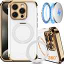 COOLQO for iPhone 15 Pro Max Case 6.7'' Upgraded 360 Spin Magnetic Stand [Compatible with Magsafe][Military Protection] Shockproof Protective Phone Holder Cover for iPhone 15 Pro Max, White Gold