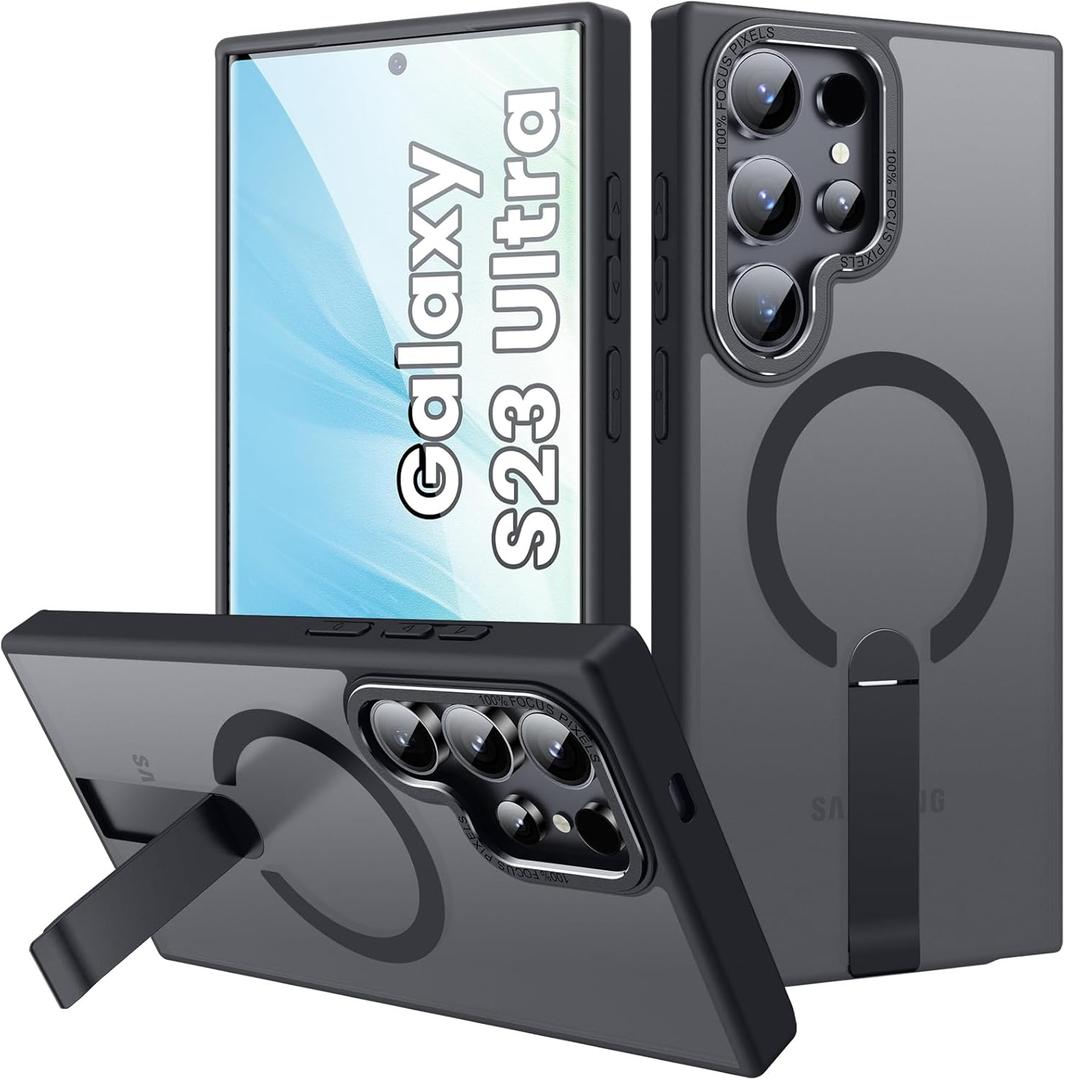 S23-Ultra Case, Strong Magnetic Compatible with MagSafe for Samsung Galaxy S23 Ultra Case, Adjustable Invisible Kickstand, Translucent Matte Shockproof Case for Samsung S23 Ultra, Black