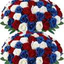 48Pcs Roses Artificial Flowers Bulk Red White and Blue Flowers 4th of July Long Stem Fake Silk Roses Flowers Patriotic Roses Flowers for Home Decor Memorial Day Independence Day Table Centerpiece