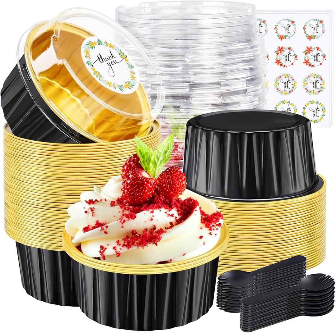 30Pcs Mini Cake Pans with Lids Aluminum Foil, ZOXILEN 5oz Disposable Mini Loaf pans with Lids Spoons, Round Small Baking Cups Pie Tins Cheesecake Containers for Party Black Gold