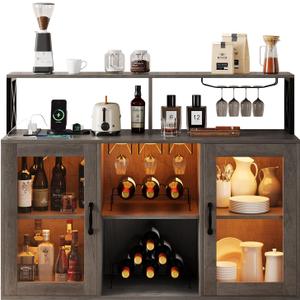 Wine Bar Cabinet with Wine Rack Glass Holder Coffee Bar Storage Cabinet, Sideboard Freestanding Liquor Cabinet Bar for Home Kitchen Living Room, Office, Dining Room with LED Lights