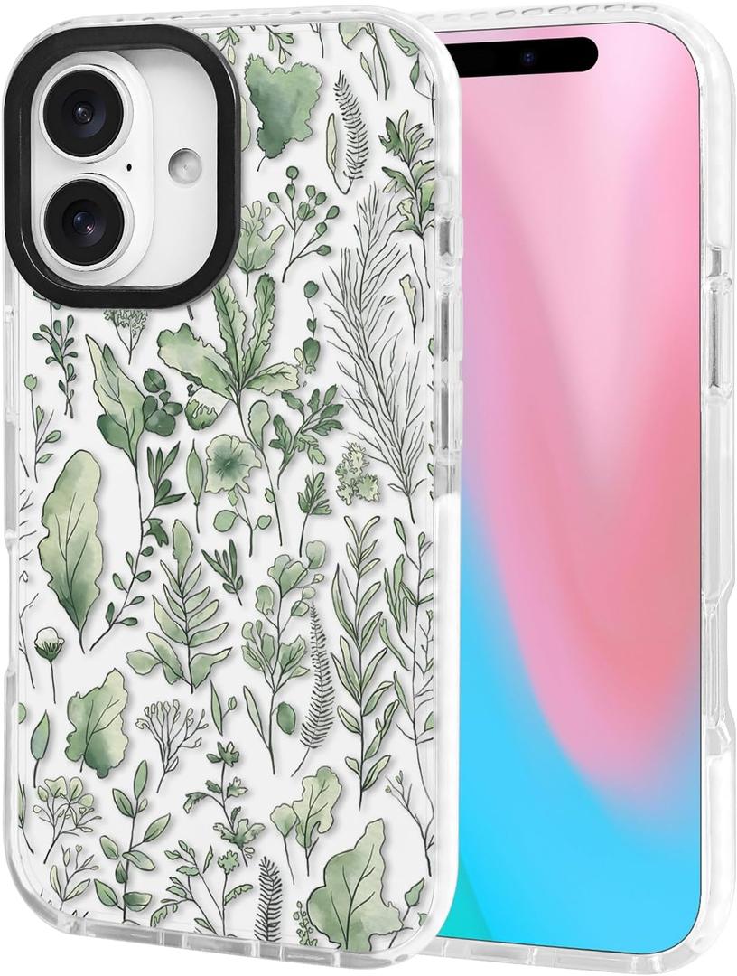 ChiCsFleur for iPhone 16 Case, TPU Phone case with Camera Protection for Women Girls Teens - Green Watercolor Botanical Leaf Herb Natural Garden Floral Clear Gift Sorority Aesthetic Unique (Verdelle)
