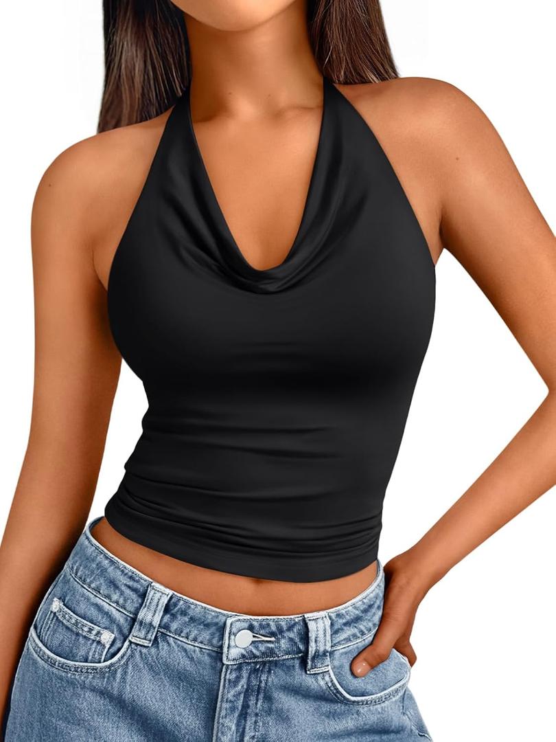 Trendy Queen Summer Tops for Women 2025 Going Out Cute y2k Shirts Halter Cowl Neck Backless Basic Vacation Outfits Clothes (X-Large, Black)