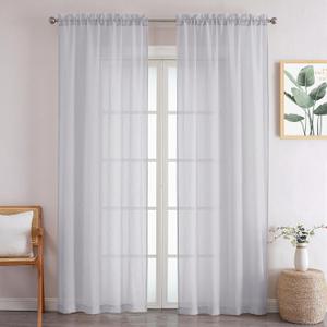 Chyhomenyc Crushed Sheer Light Grey Curtains 96 Inch Length 2 Panels, Light Filtering Solid Crinkle Voile Lightweight Textured Sheer Curtian for Bedroom Bathroom, Each 42Wx96L Inches