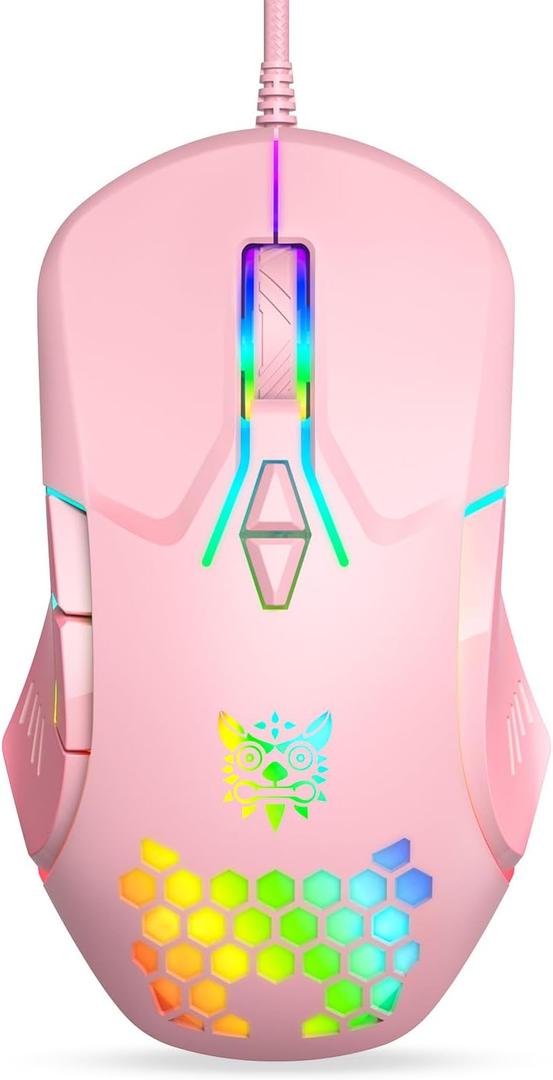 Wired USB Mouse, Computer Mouse with RGB Lighting, 4 Adjustable DPI, Ergonomic Optical Office Mouse, 7 Buttons Corded Mice for Window/PC/Laptop/Desktop/Mac/Chromebook, Pink